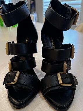 BCBGMAXAZRIA Gloria Black Leather Strappy Heels 6.5 Gold Buckle